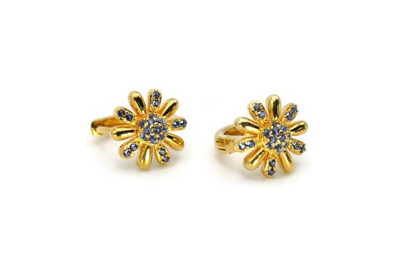 Earrings: Gold-Plated Sterling Silver & Blue CZ H… - image 2