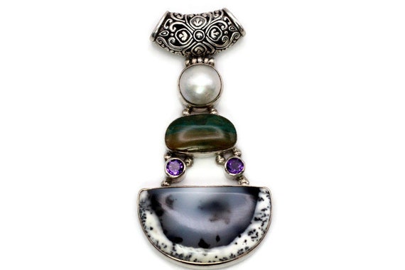 Pendant: Sterling Silver & Multi-stone, Vintage - image 1