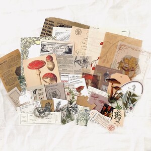 May include: A collection of vintage paper ephemera featuring mushrooms, flowers, and botanical illustrations. The papers are in various shades of brown, cream, and white, with some featuring text in French and English.