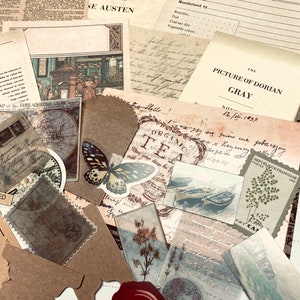 May include: A collection of vintage ephemera, including aged paper, stamps, and decorative elements. The assortment features handwritten notes, botanical illustrations, and a red wax seal, creating a nostalgic aesthetic. The papers include text from "Pride and Prejudice" and "The Picture of Dorian Gray".