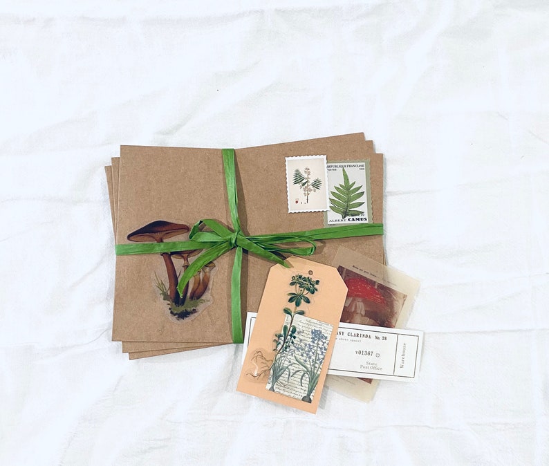 May include: A brown paper package tied with a green ribbon and decorated with botanical stickers. The package includes a mushroom sticker, a floral sticker, and a vintage postcard.