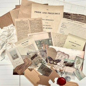 May include: A collection of vintage-style ephemera, including pages from "Pride and Prejudice," handwritten notes, tags, and a wax seal. The items are in shades of brown, beige, and cream, with a butterfly and floral accents.