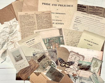 May include: A collection of vintage-style ephemera, including pages from "Pride and Prejudice," handwritten notes, tags, and a wax seal. The items are in shades of brown, beige, and cream, with a butterfly and floral accents.