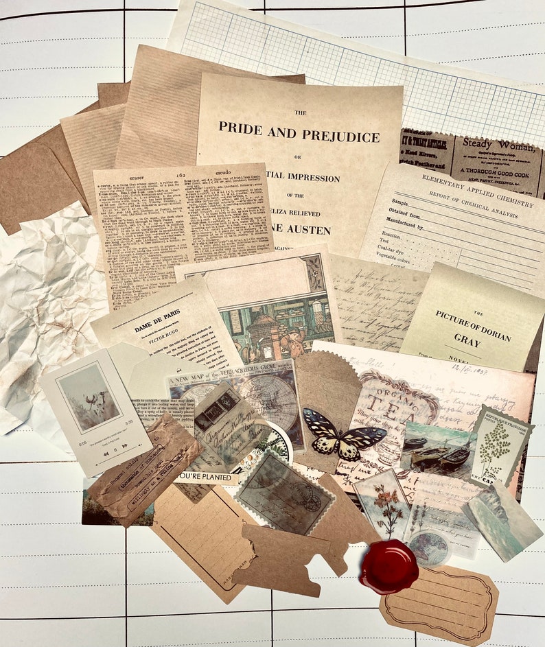 May include: A collection of vintage-style ephemera, including pages from "Pride and Prejudice," handwritten notes, tags, and a wax seal. The items are in shades of brown, beige, and cream, with a butterfly and floral accents.