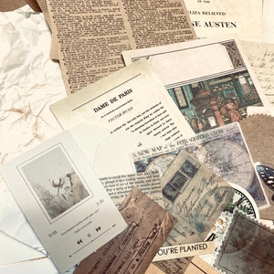 May include: A collection of vintage-style ephemera, including book pages, postcards, and labels. The items feature text, illustrations, and a neutral color palette of beige, brown, and white. Some items have text that reads "Pride and Prejudice" and "Dame de Paris".