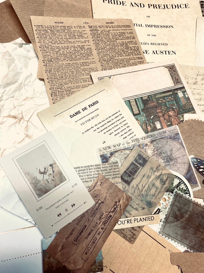 May include: A collection of vintage-style ephemera, including book pages, postcards, and labels. The items feature text, illustrations, and a neutral color palette of beige, brown, and white. Some items have text that reads "Pride and Prejudice" and "Dame de Paris".