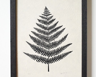 Farn Blatt - original Linoldruck inspiriert von wilder Natur, Botanischer Kunstdruck, Büttenpapier, A4