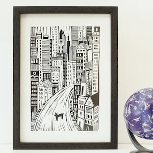 Lost in the city - original Linolschnitt, Linoldruck, Druckgrafik, schwarz weiss, Linoldruck Hund, limitierte Auflage, A4
