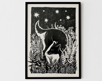 Dog In A Wild Nature At Night Original Linocut Print, Printmaking, Limited Edition Linoprint Artwork On Japanese Paper A3