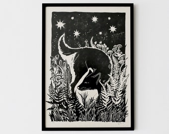 Dog Linocut Print: Wild Nature, Japanese Paper A3, Limited Edition