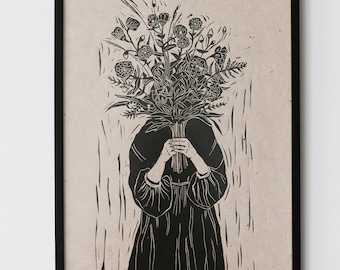 Lady With Flowers Linocut Print: Limited Edition A3 Artwork