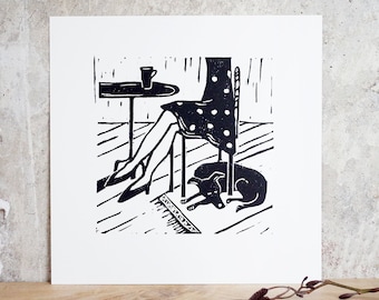 Impression linogravure originale - L'heure du café - Impression tirée à la main - Cadeau pour les amateurs de café - Ambiance bohème - Art mural carré