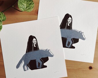 Wolf Art Linocut Print: Hand-Printed Block Print, Limited Edition