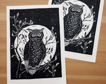 Owl Hand Carved Lino Print - Original Linocut Print On handmade Paper A4