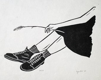 Nature lover - original linocut print, linocut, linoprint, printmaking, BW Boho Artwork, Handmade Paper A4