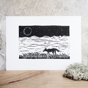 Fox original linocut print - wild nature relief print, printmaking, black and white, limited edition, A4