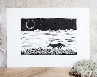 Fox original linocut print - wild nature relief print, printmaking, black and white, limited edition, A4