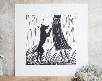 Dog original linocut print -  dog lino print, linoprint, printmaking, black and white, limited edition