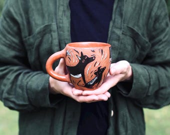 Handmade Terracotta Dog Lover Mug: Carved Ceramic Pottery
