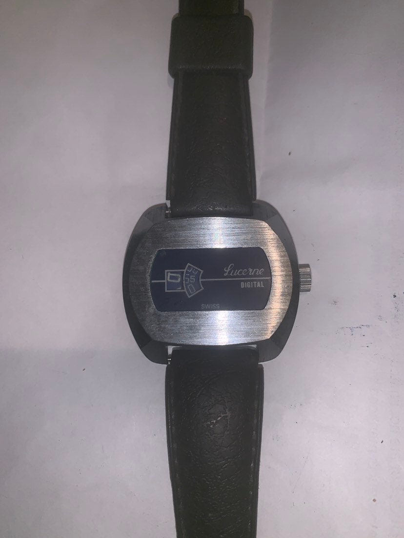 1970s Lucerne Blue Face Silver Direct Read Jump Hour Windup Watch