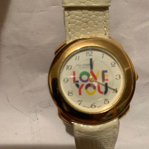 Telstar 18k gold plated quartz  animated, &quot; I love You&quot; mint unused white watch with genuine leather  band