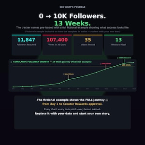 May include: A dark graphic with the text "0 -> 10K Followers. 13 Weeks." and data visualizations. Includes metrics for followers reached, views, videos posted, and a growth chart. The text encourages users to replace the example data with their own.
