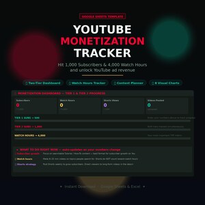 YouTube Monetization Tracker | Google Sheets Template | YPP Progress Tracker | Content Planner for Creators