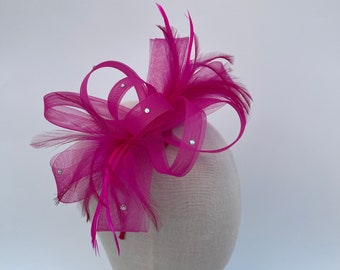 Cerise Pink diamanté loop bow shape fascinator headband and clip with added feathers