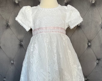 Baby and toddler girls white vintage style floral lace Christening dress gown and bonnet