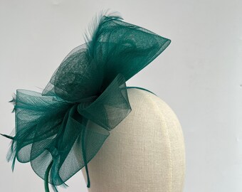 Emerald Green Peony Feather Fascinator New Dark Emerald Green Peony Feather Flower Sinamay Loop and  main image 3
