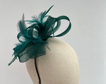 New dark green headband and clip mesh bow shape fascinator with added feathers