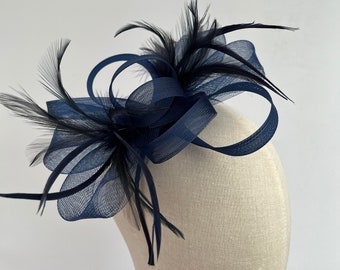 New navy blue headband and clip mesh bow shape fascinator with added feathers