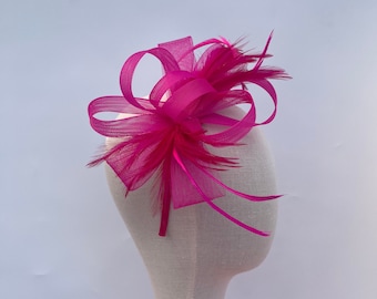 New bright pink cerise headband and clip mesh bow shape fascinator with added feathers