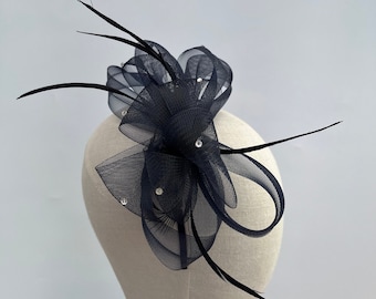 Navy Blue diamanté loop bow shape fascinator headband and clip with added feathers