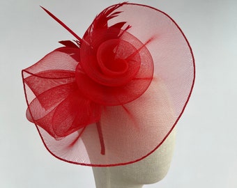 Red double flower mesh fascinator hatinator headband and clip with feather flower