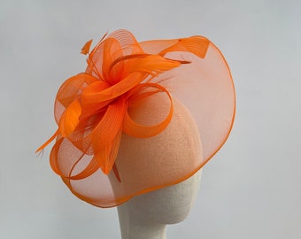 Orange large mesh looped fascinator headband and clip hatinator wedding races