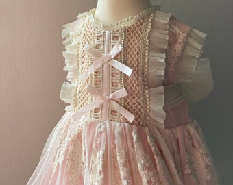 Brand new Girls special occasion 2 piece pink Spanish Lolita vintage floral embroidery dress and knickers with frills