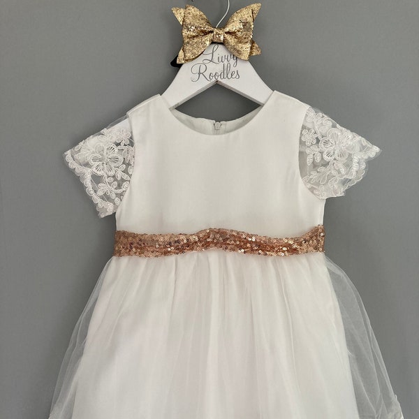 white and gold glitter bow party dress and headband for baby girls and toddler Wedding flower girl christening baptism