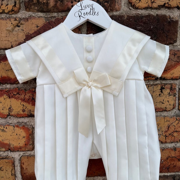 baby and toddler boy 2 piece ivory christening wedding outfit pleated romper and hat