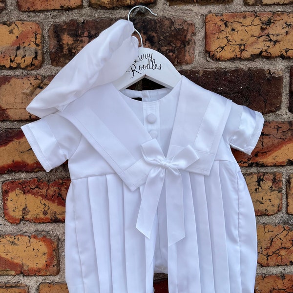baby and toddler boy 2 piece white christening wedding outfit pleated romper and hat