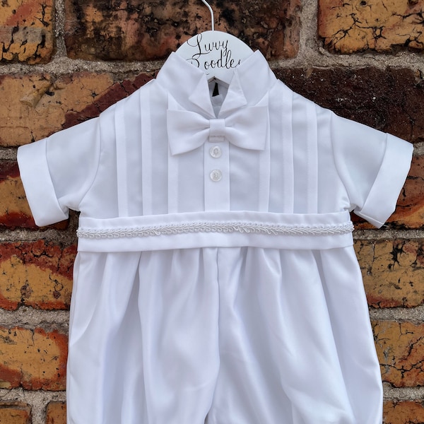baby and toddler boy 2 piece white christening wedding outfit pleated chest bow tie romper and hat