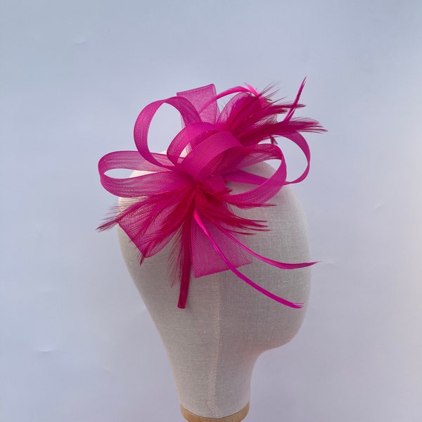 New bright pink cerise headband and clip mesh bow shape fascinator with added feathers