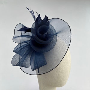 Navy Blue double flower mesh fascinator hatinator headband and clip with feather flower