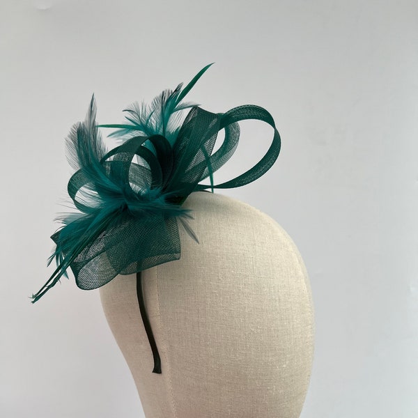 New dark green headband and clip mesh bow shape fascinator with added feathers