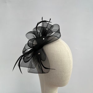Black diamanté loop bow shape fascinator headband and clip with added feathers