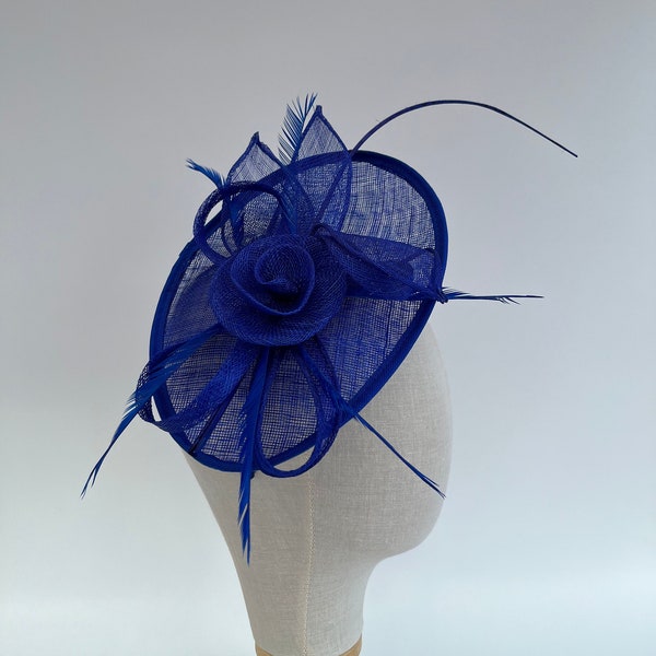 Royal Blue sinamay oval base flower fascinator hatinator headband and clip with feathers and stripped quill