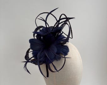 Navy Blue feather bloom fascinator headband and clip