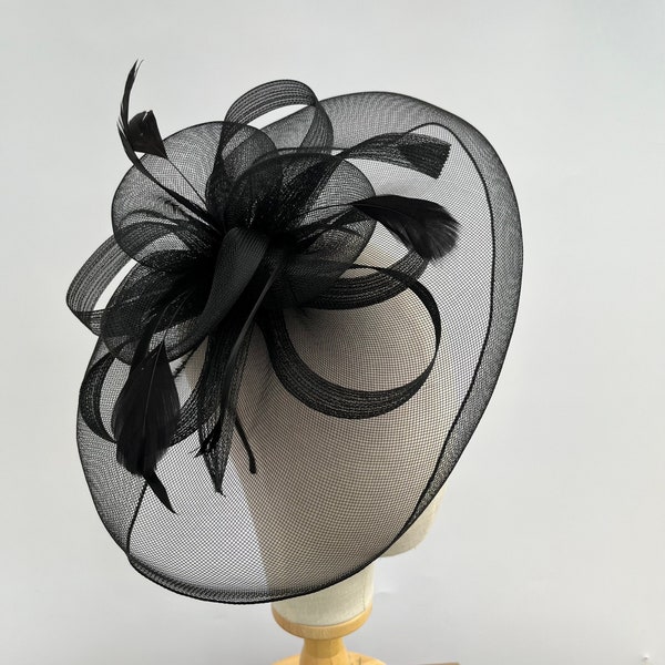 Black large mesh looped fascinator headband and clip hatinator wedding races