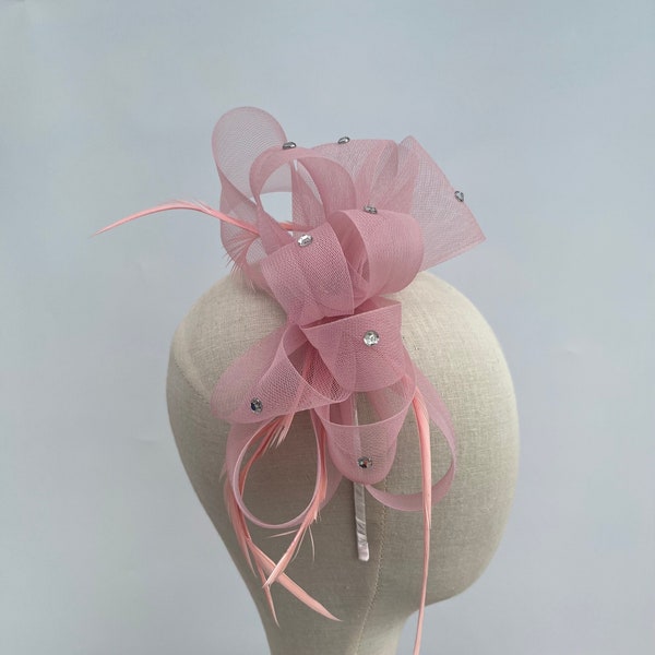 Light Pink diamanté loop bow shape fascinator headband and clip with added feathers