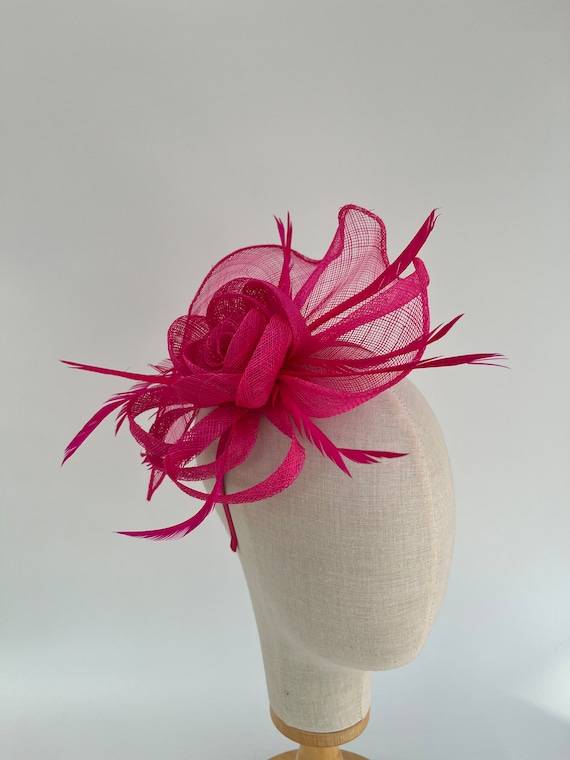 New Elegant Sinamay Stripe Fascinator Headband, Pink And Rose, Mesh Bow New Cerise Pink and Black Stripe Sinamay Bow Fascinator  main image 3